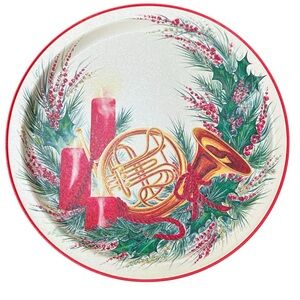 Vtg 90’s Prettique Joyeux Noel Christmas Metal Round Tray Candles French Horn